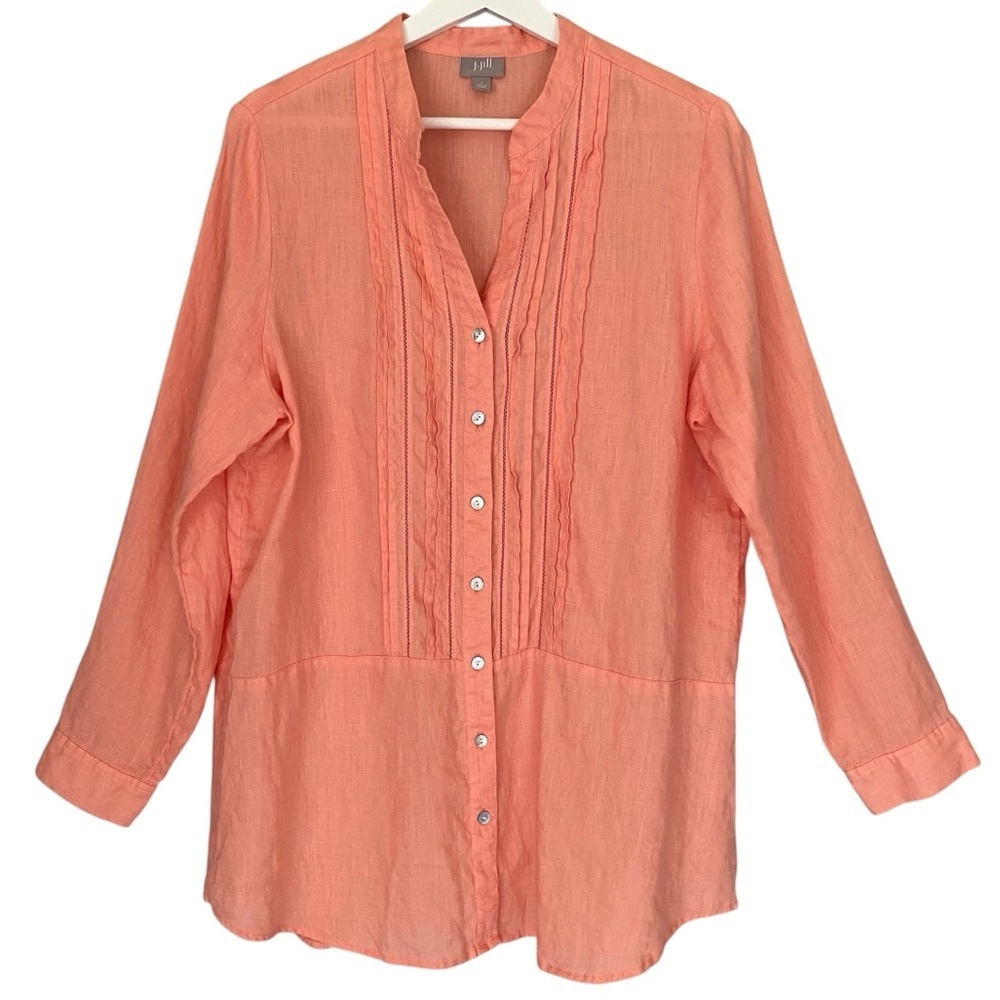 J JILL Shirt Linen Pin Tuck Button Down Tunic Long Sleeve Coral Peach Women L